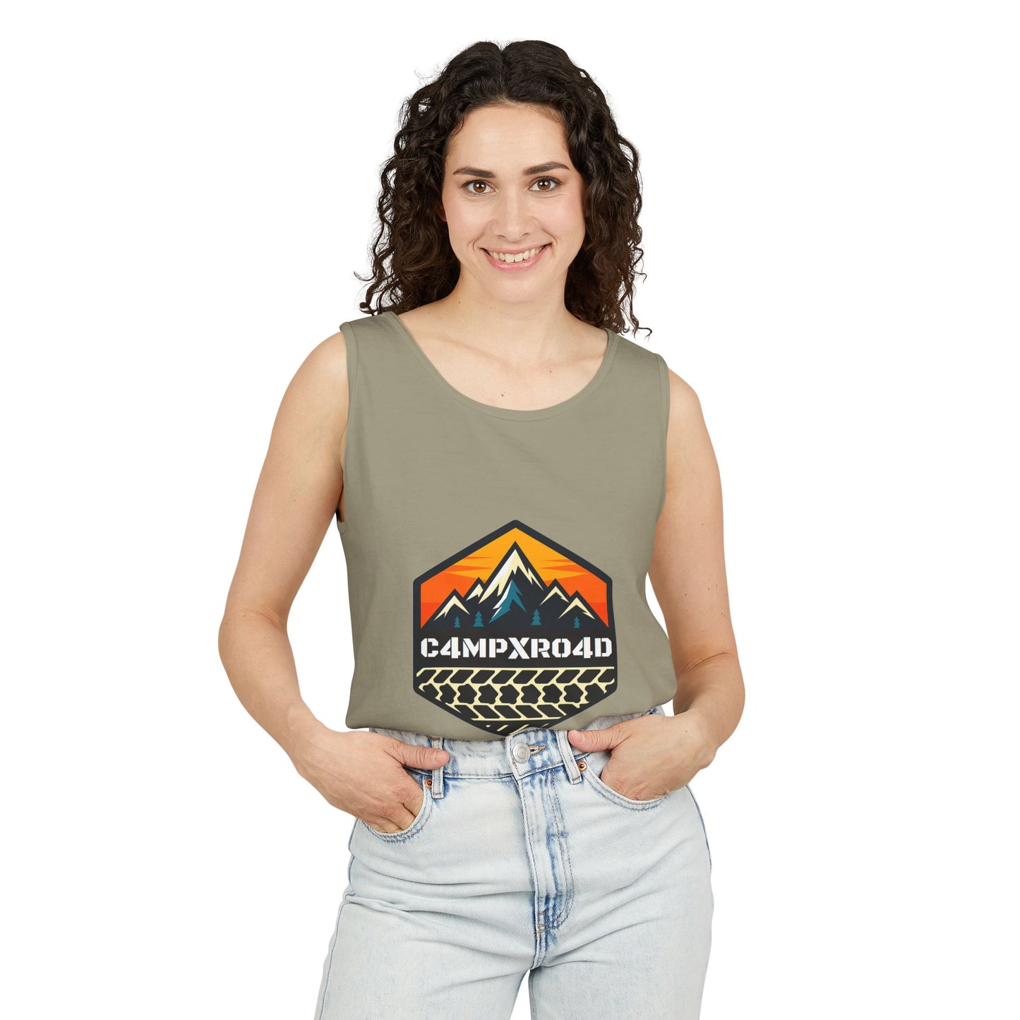 C4MPXRO4D Hexa Shield Camper Badge Tank Top | Graphic camping text tee