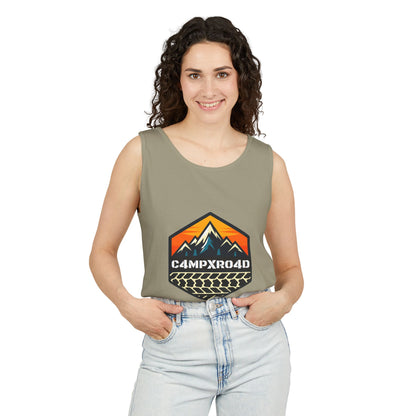 C4MPXRO4D Hexa Shield Camper Badge Tank Top | Graphic camping text tee