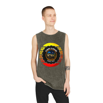 C4MPXRO4D Summer Camper Badge Tank Top | stonewash black, retro stencil logo