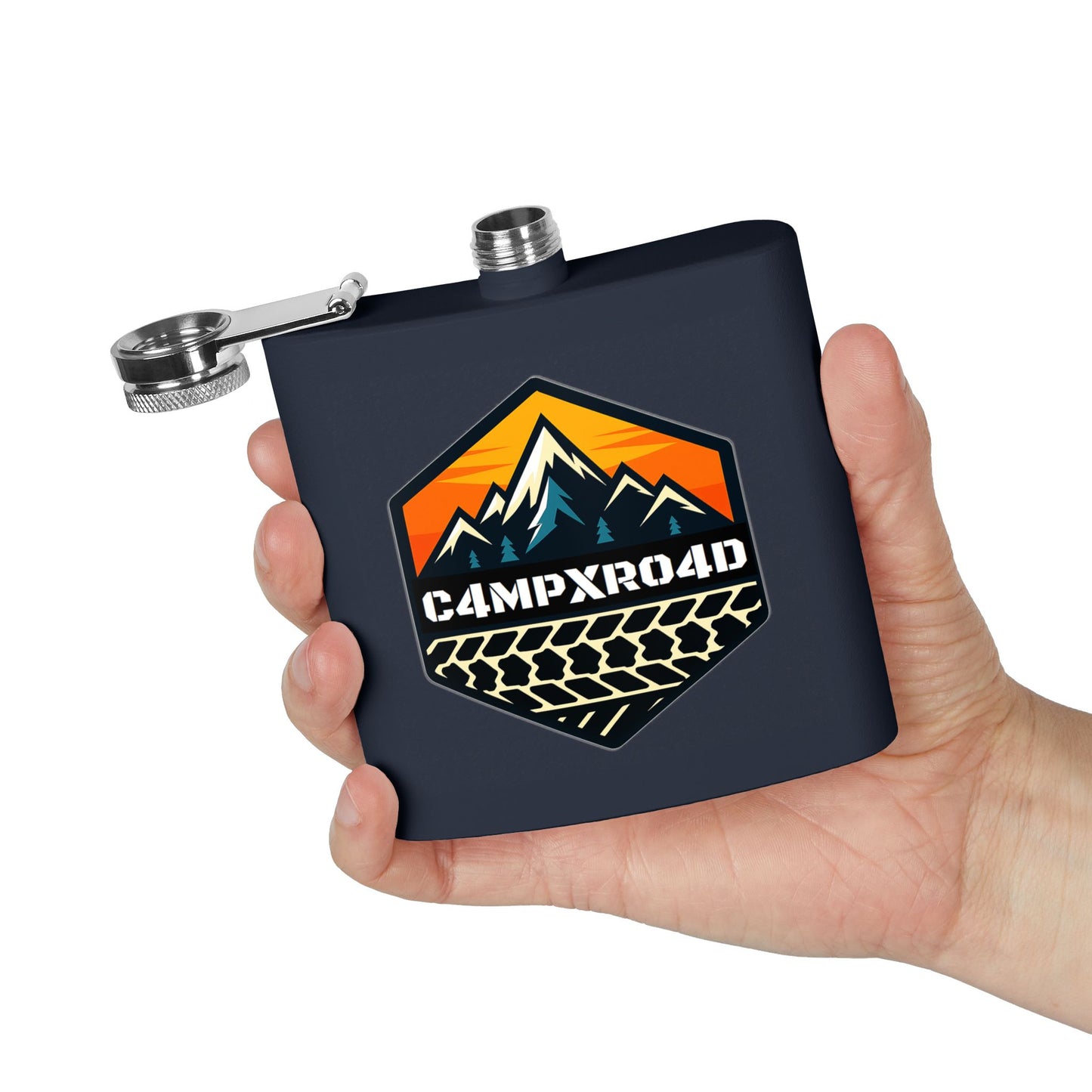 C4MPXRO4D Hexa Shield Camper Badge Flask