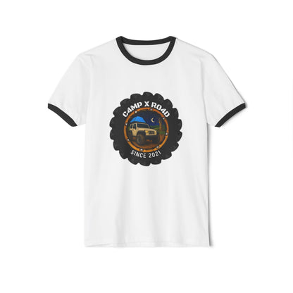 C4MPXRO4D Camper Badge T-Shirt | ringer style