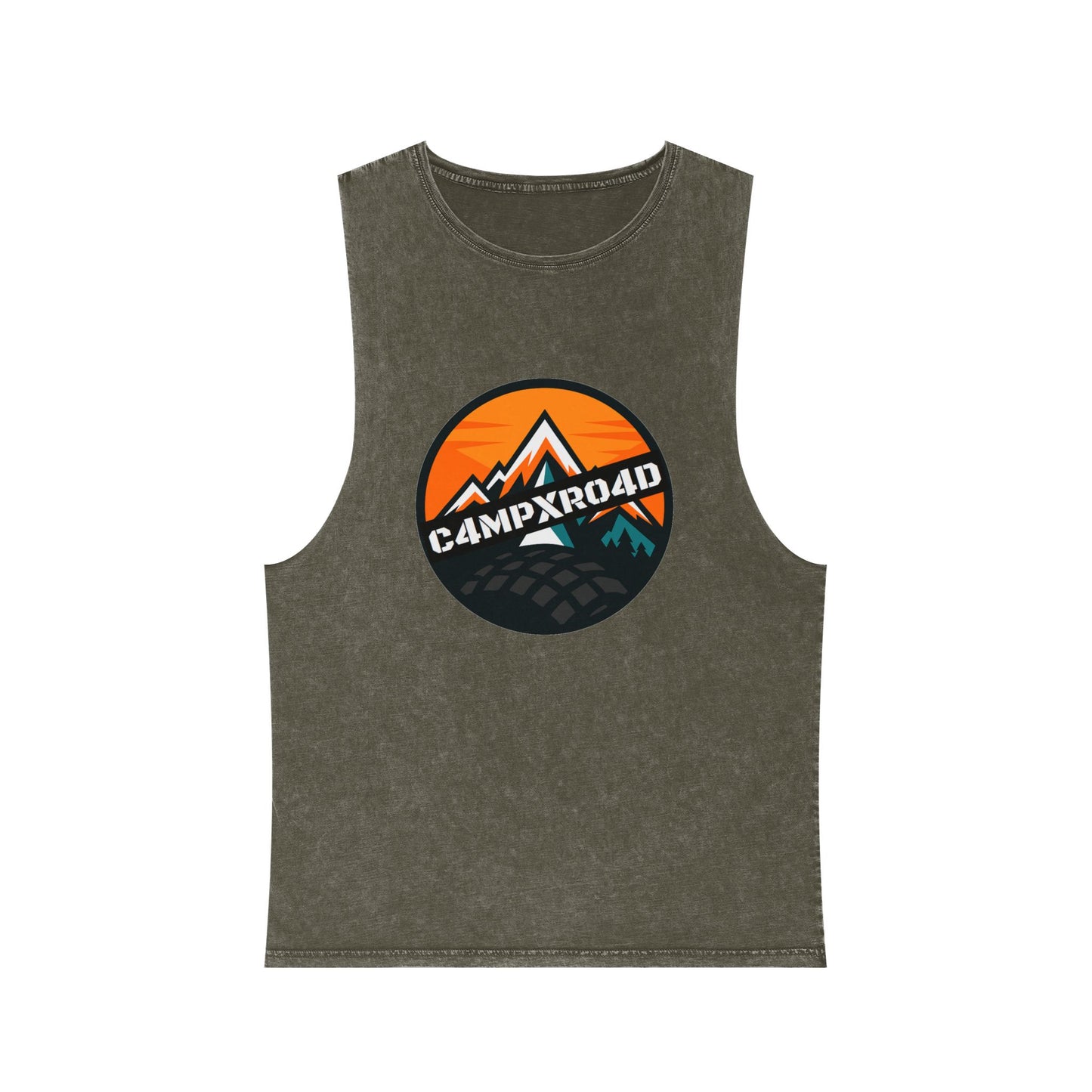 C4MPXRO4D Rounded Shield Camper Badge Tank Top | stonewash black, retro stencil logo
