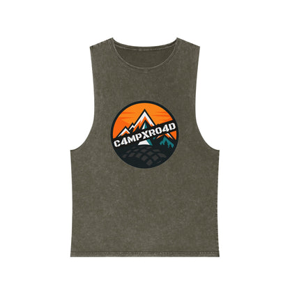 C4MPXRO4D Rounded Shield Camper Badge Tank Top | stonewash black, retro stencil logo