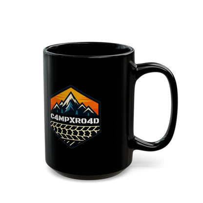 C4MPXRO4D Hexa Shield Camper Badge Mug | Black Ceramic Coffee Mug