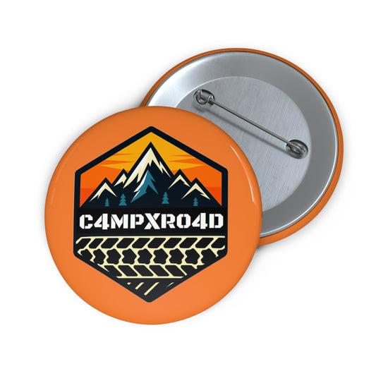 C4MPXRO4D Hexa Shield Camper Badge Pin Button | Custom Round Badge, Black Logo Button