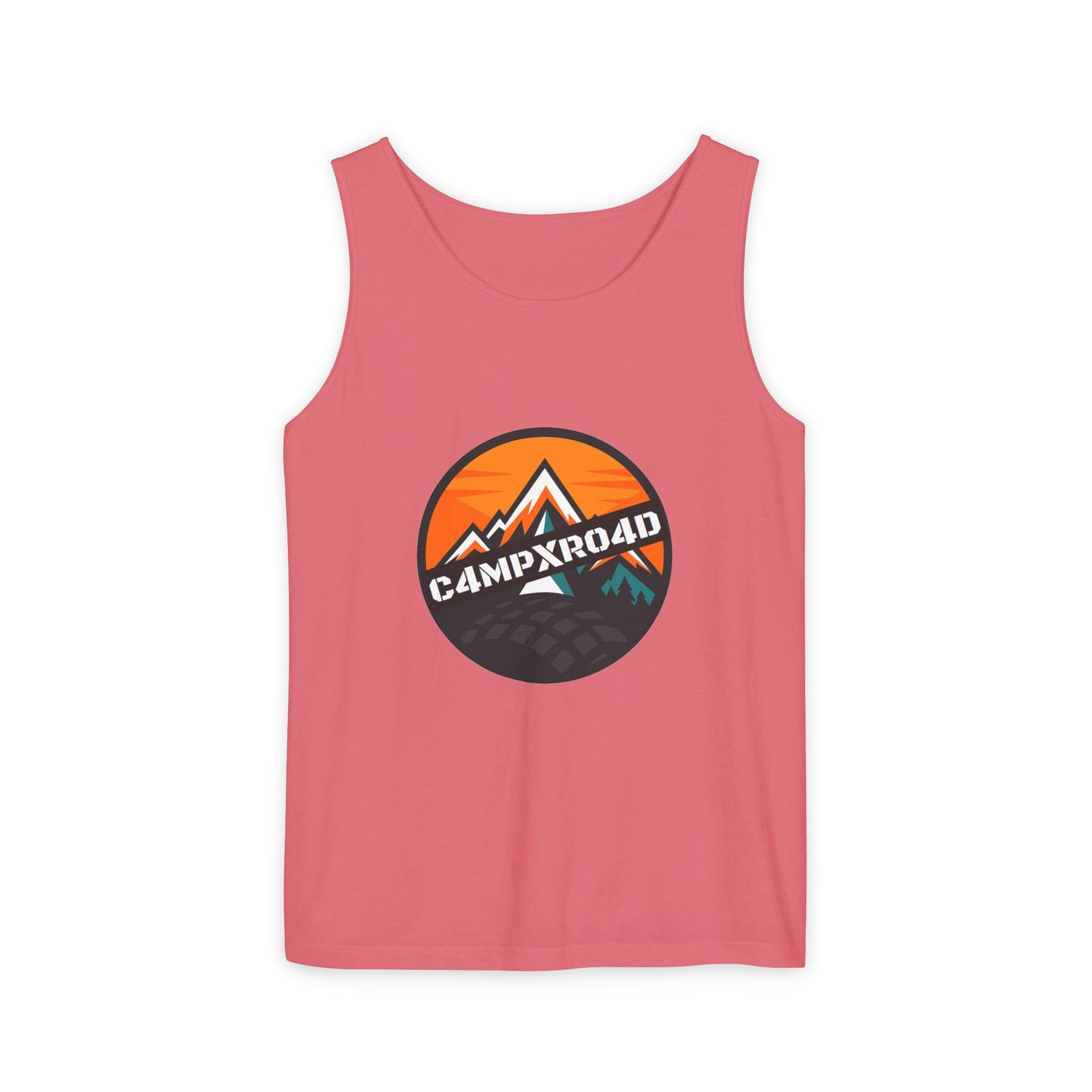 C4MPXRO4D Rounded Shield Camper Badge Tank Top | Graphic camping text tee
