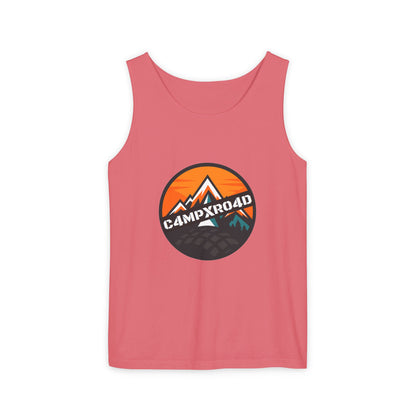 C4MPXRO4D Rounded Shield Camper Badge Tank Top | Graphic camping text tee