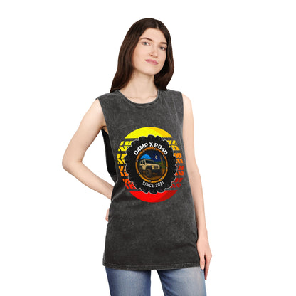 C4MPXRO4D Summer Camper Badge Tank Top | stonewash black, retro stencil logo