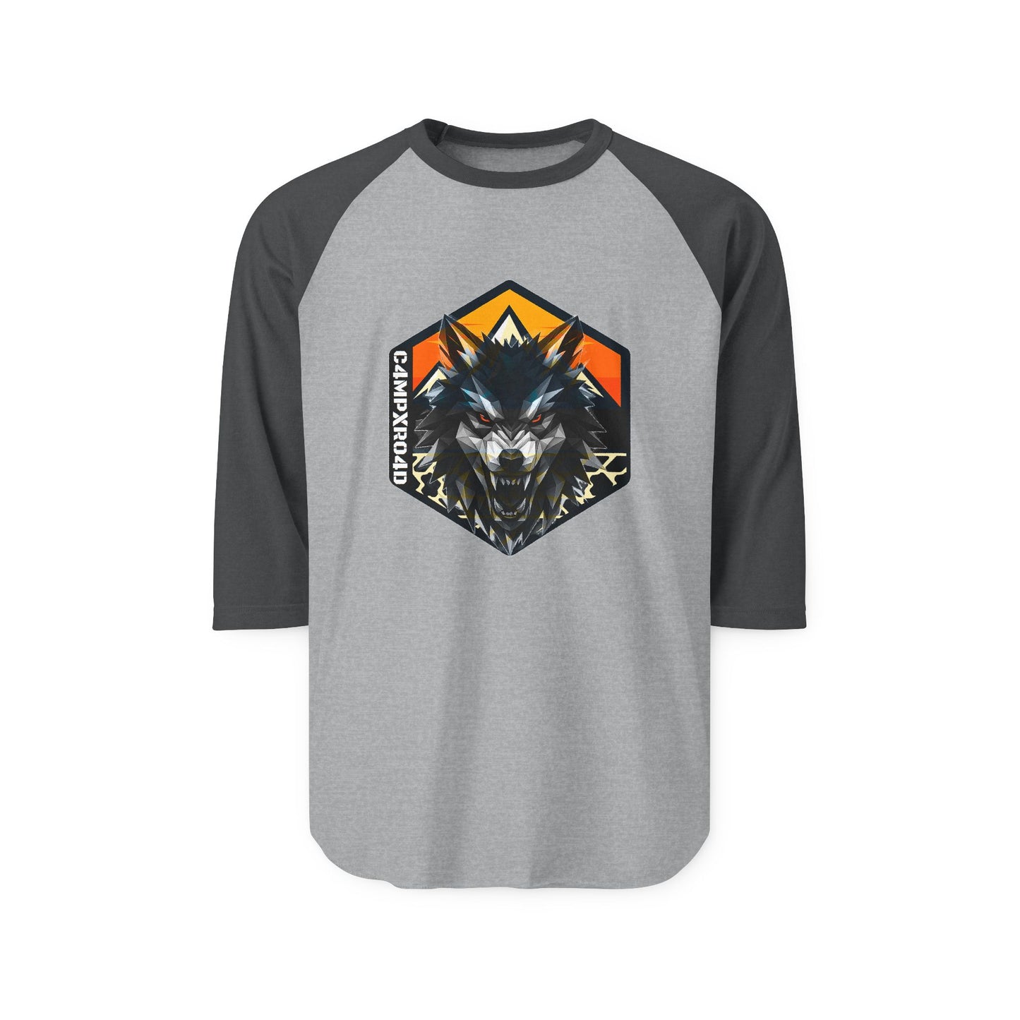 C4MPXRO4D Wolf Shield Camper Badge Raglan Shirt | Gaming Code Baseball Tee