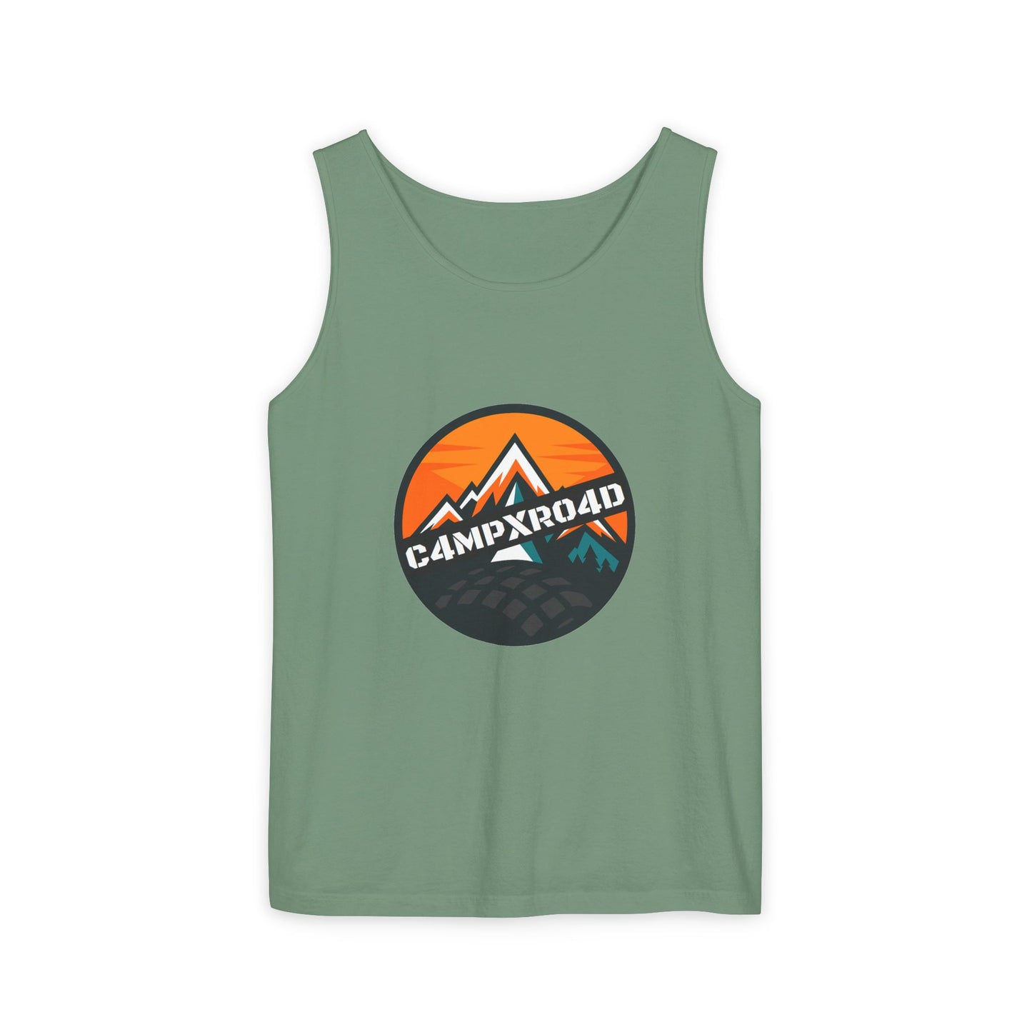 C4MPXRO4D Rounded Shield Camper Badge Tank Top | Graphic camping text tee