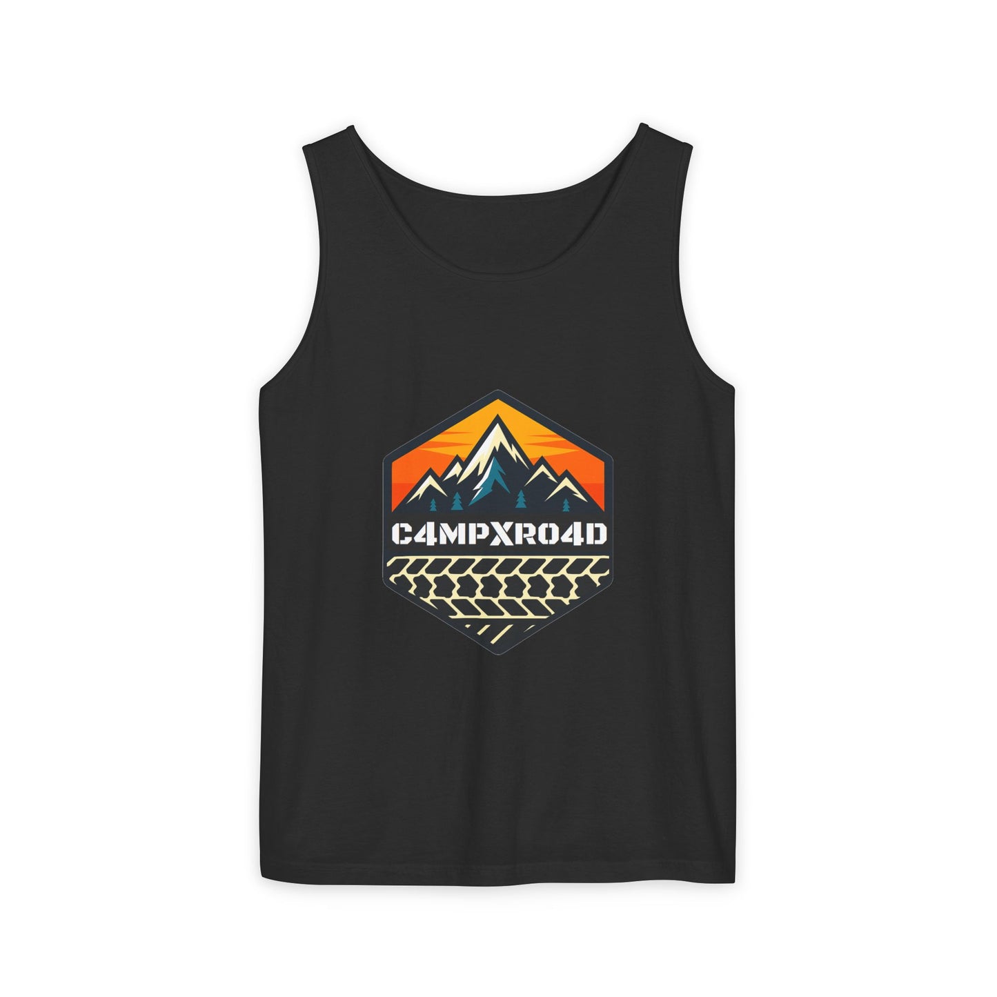 C4MPXRO4D Hexa Shield Camper Badge Tank Top | Graphic camping text tee