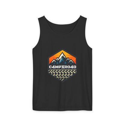 C4MPXRO4D Hexa Shield Camper Badge Tank Top | Graphic camping text tee