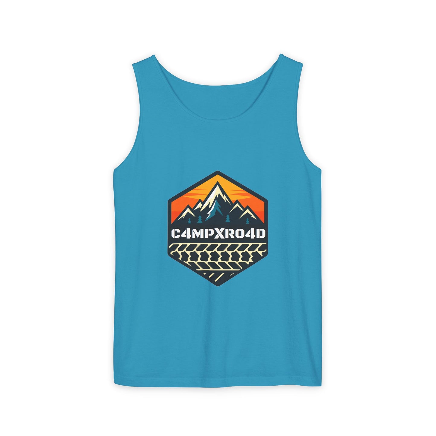 C4MPXRO4D Hexa Shield Camper Badge Tank Top | Graphic camping text tee