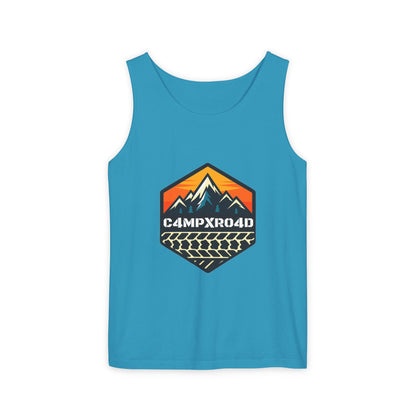 C4MPXRO4D Hexa Shield Camper Badge Tank Top | Graphic camping text tee
