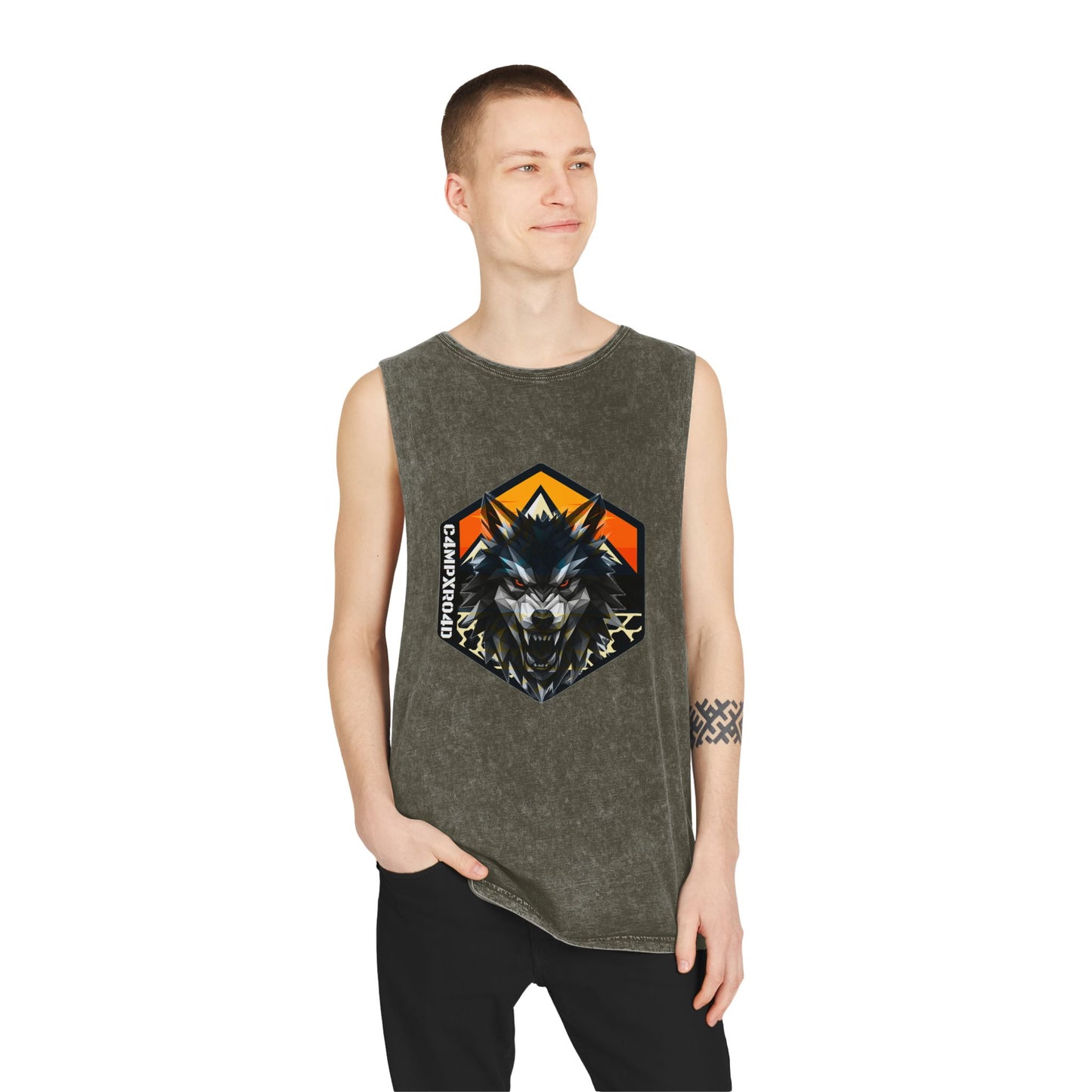 C4MPXRO4D Wolf Shield Camper Badge Tank Top | stonewash black, retro stencil logo