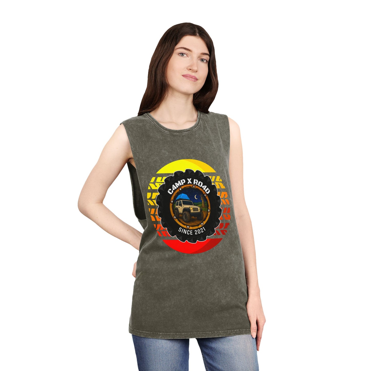 C4MPXRO4D Summer Camper Badge Tank Top | stonewash black, retro stencil logo