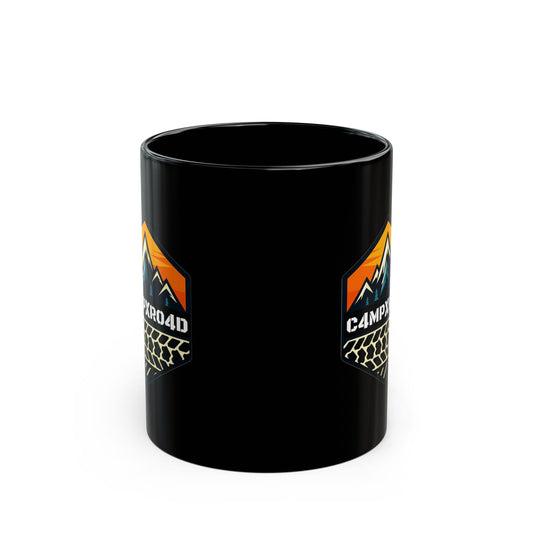 C4MPXRO4D Hexa Shield Camper Badge Mug | Black Ceramic Coffee Mug