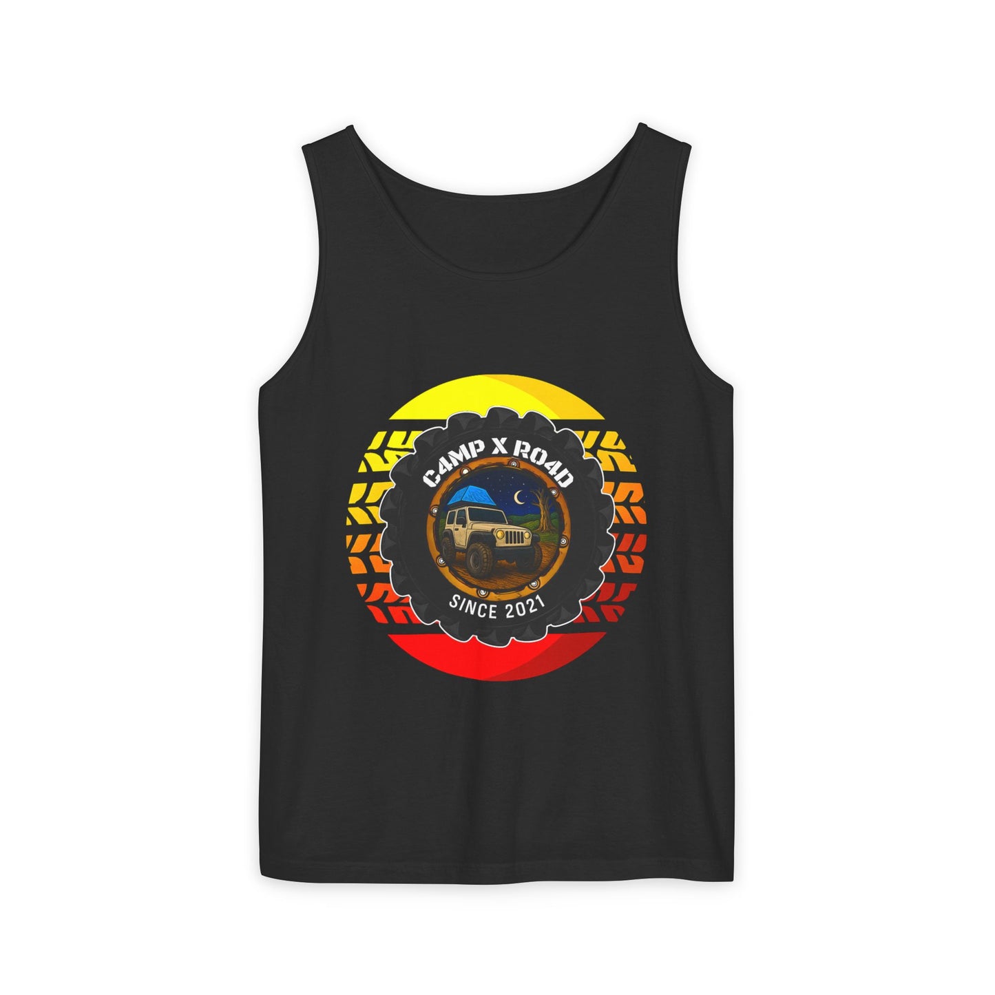 C4MPXRO4D Summer Camper Badge Tank Top | Graphic camping text tee