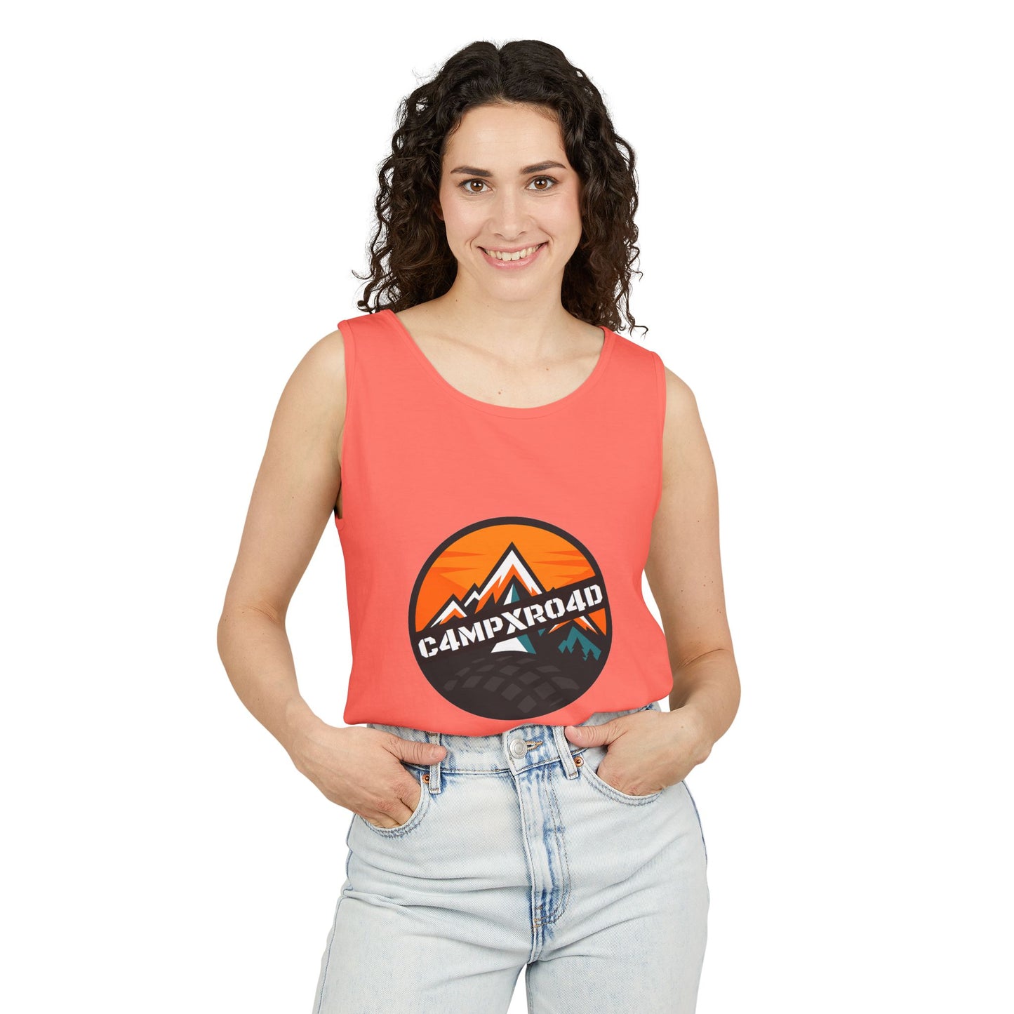 C4MPXRO4D Rounded Shield Camper Badge Tank Top | Graphic camping text tee
