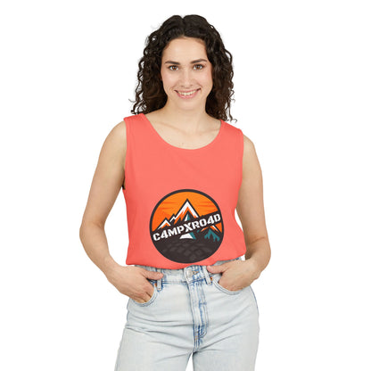 C4MPXRO4D Rounded Shield Camper Badge Tank Top | Graphic camping text tee