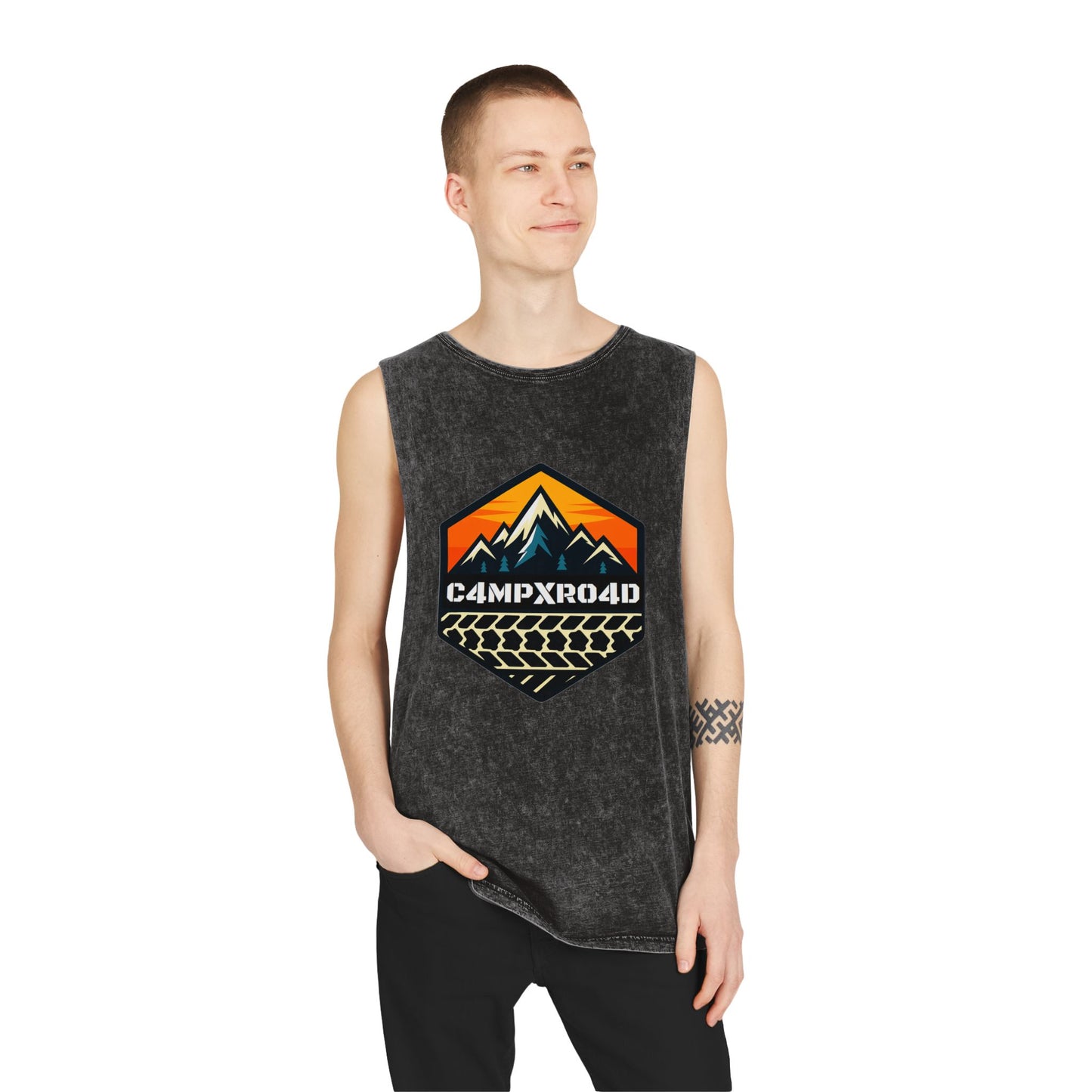 C4MPXRO4D Hexa Shield Camper Badge Tank Top | stonewash black, retro stencil logo