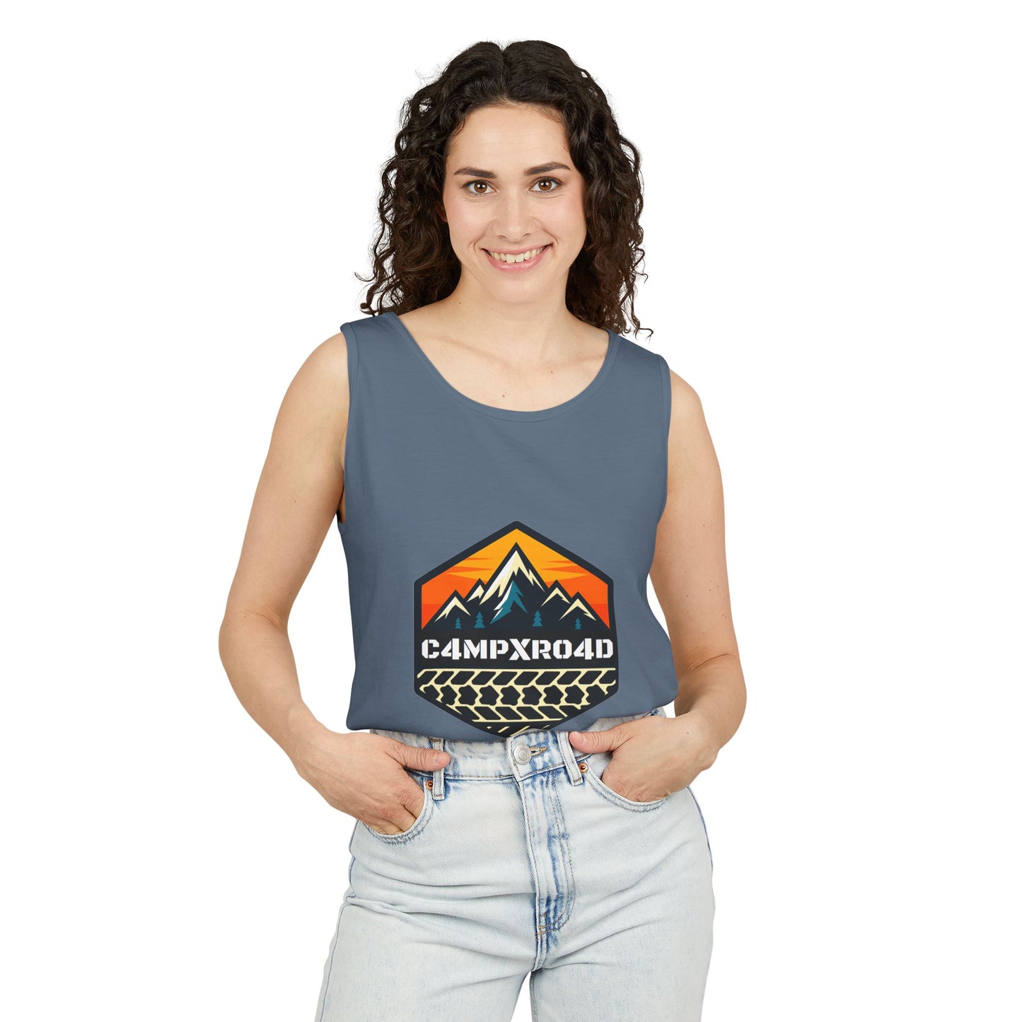 C4MPXRO4D Hexa Shield Camper Badge Tank Top | Graphic camping text tee