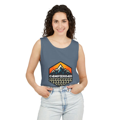 C4MPXRO4D Hexa Shield Camper Badge Tank Top | Graphic camping text tee