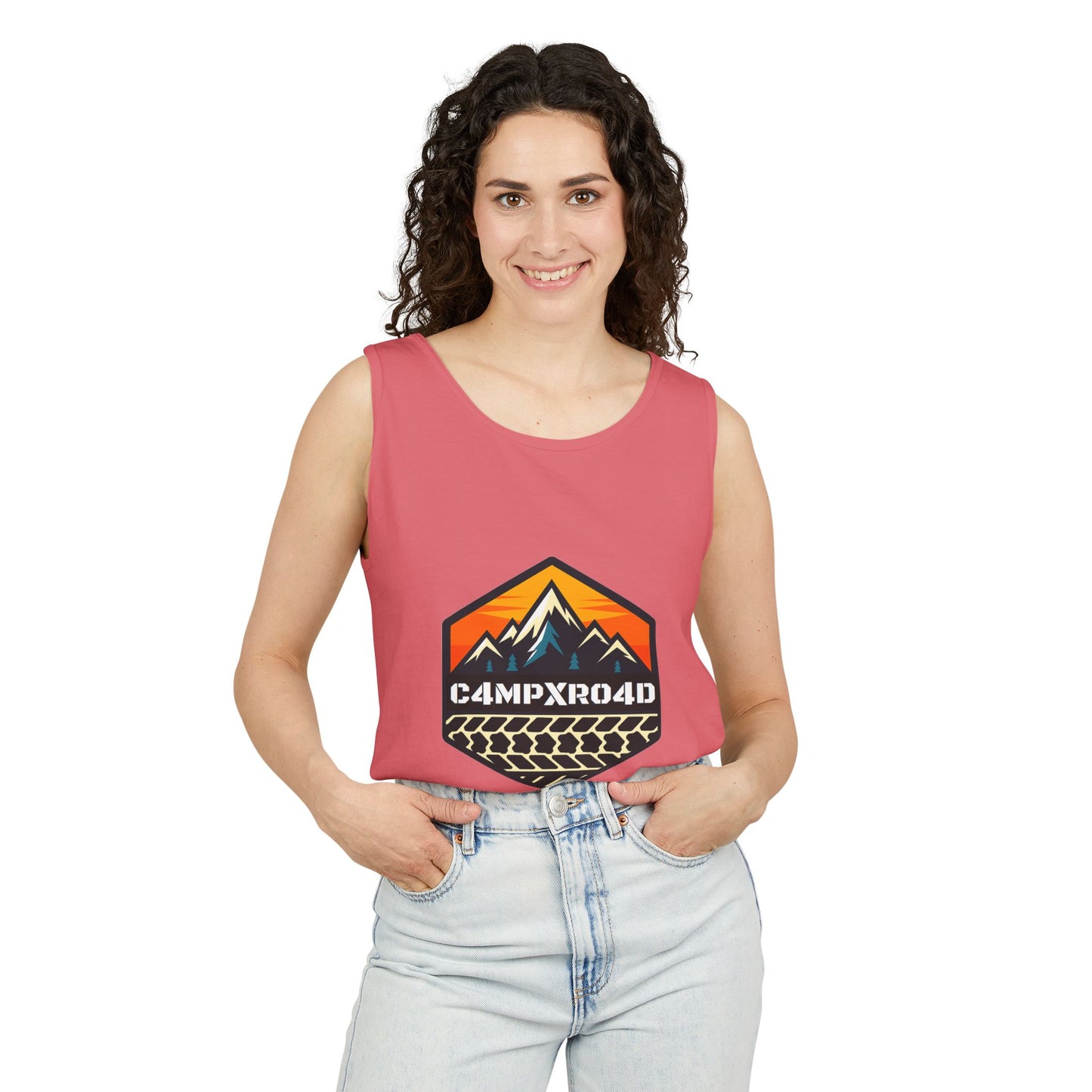 C4MPXRO4D Hexa Shield Camper Badge Tank Top | Graphic camping text tee