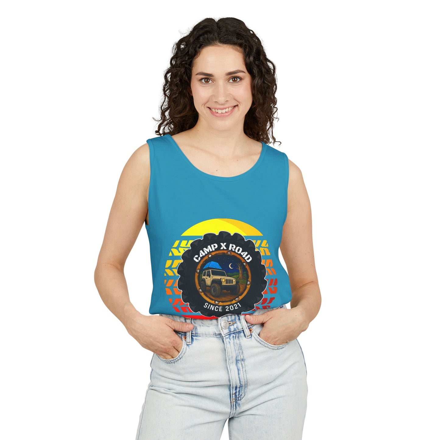 C4MPXRO4D Summer Camper Badge Tank Top | Graphic camping text tee