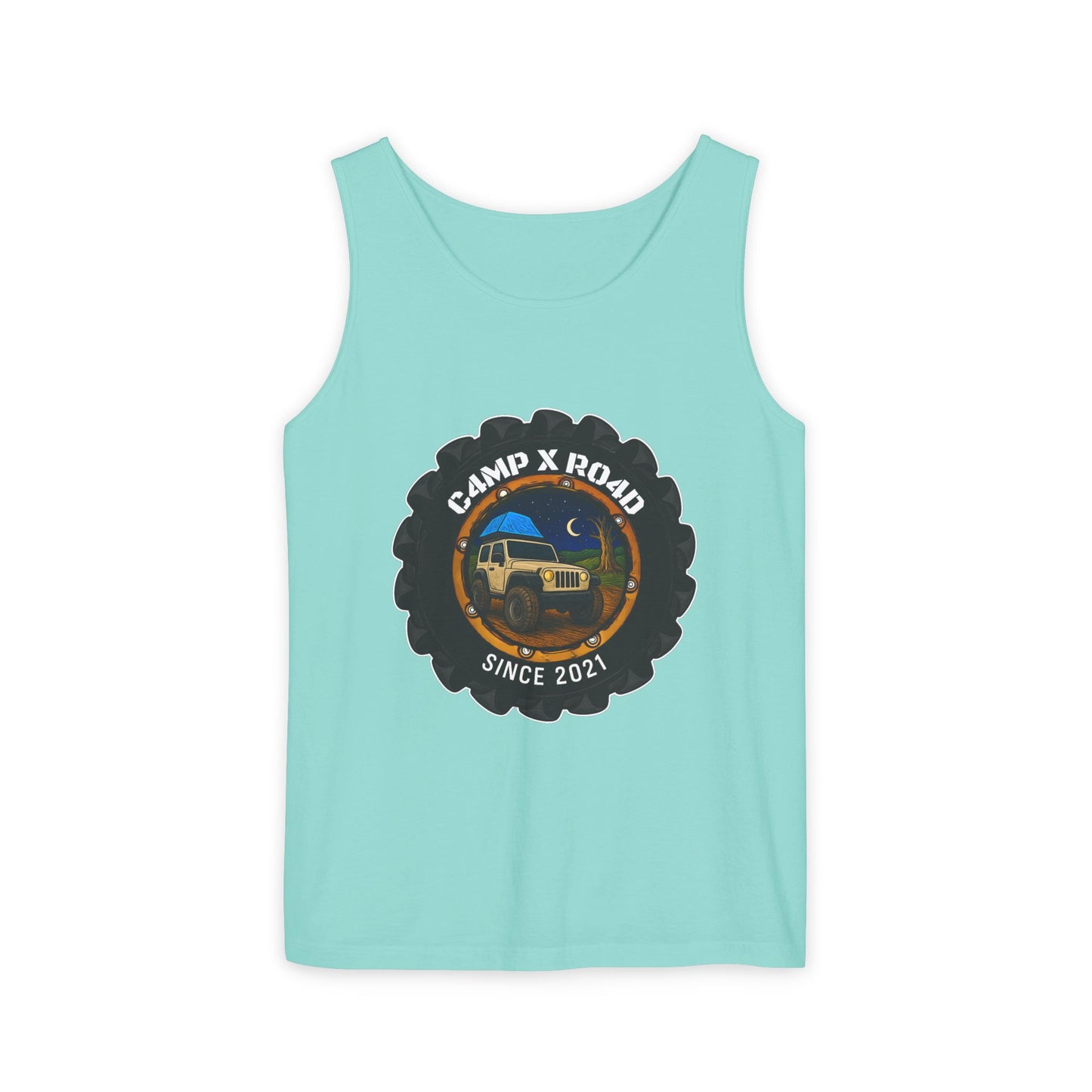 C4MPXRO4D Camper Badge Tank Top | Graphic camping text tee