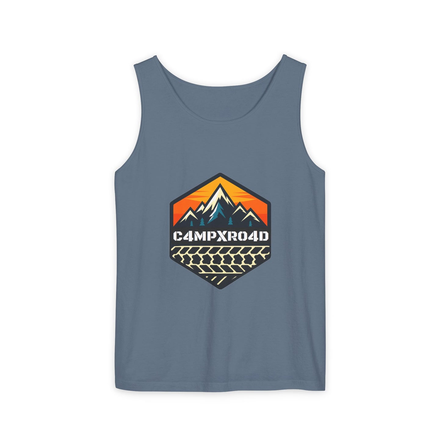 C4MPXRO4D Hexa Shield Camper Badge Tank Top | Graphic camping text tee