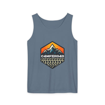 C4MPXRO4D Hexa Shield Camper Badge Tank Top | Graphic camping text tee