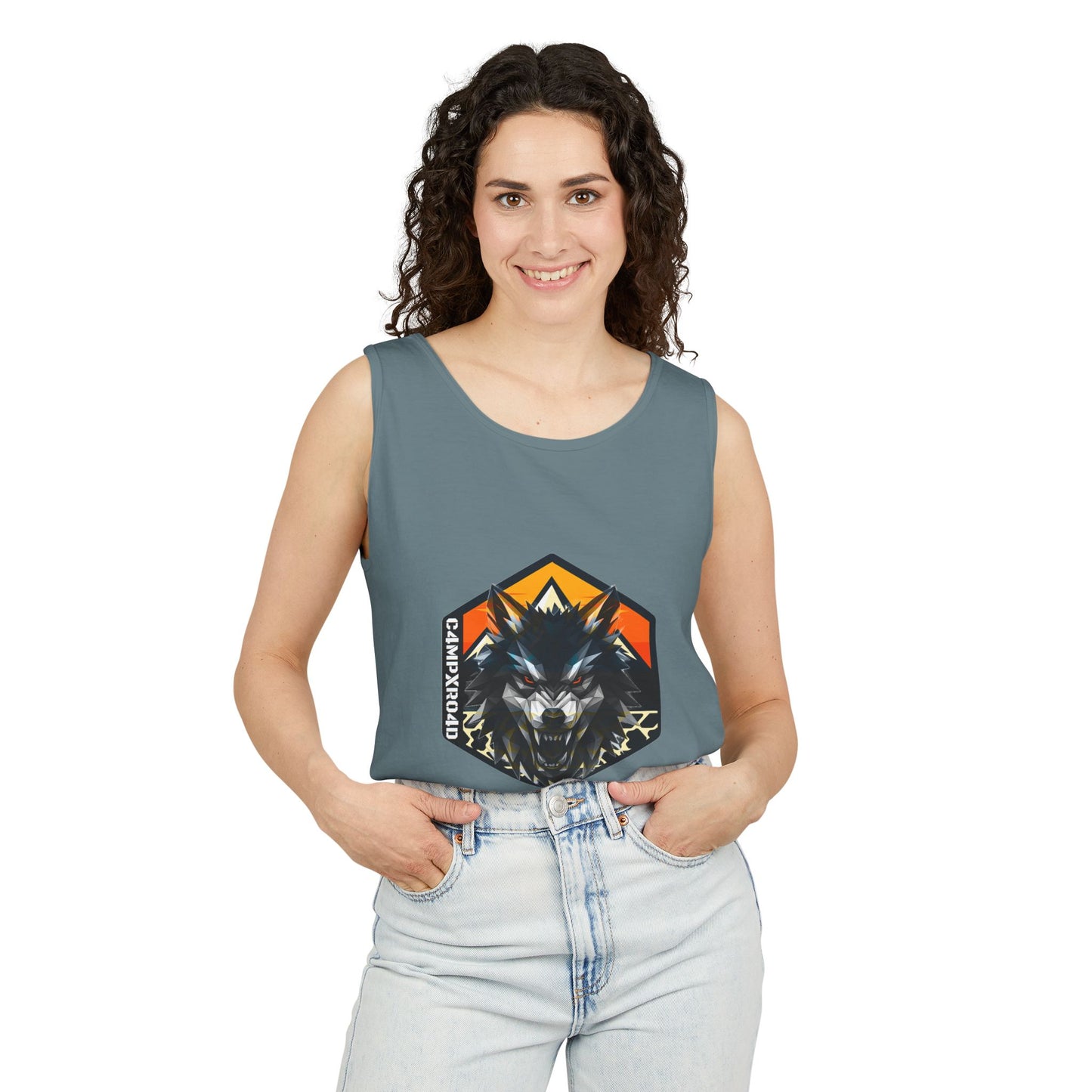 C4MPXRO4D Wolf Shield Camper Badge Tank Top | Graphic camping text tee