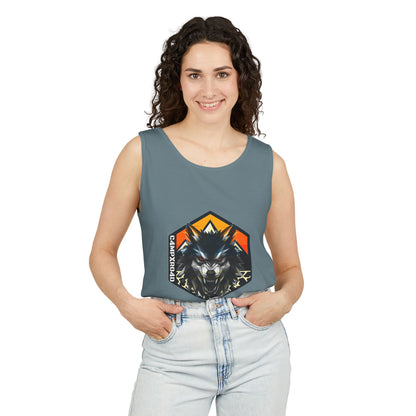 C4MPXRO4D Wolf Shield Camper Badge Tank Top | Graphic camping text tee