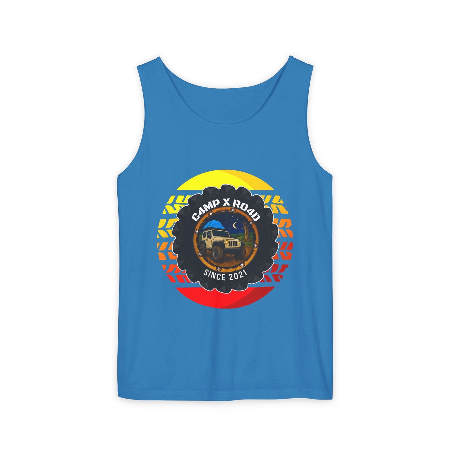 C4MPXRO4D Summer Camper Badge Tank Top | Graphic camping text tee