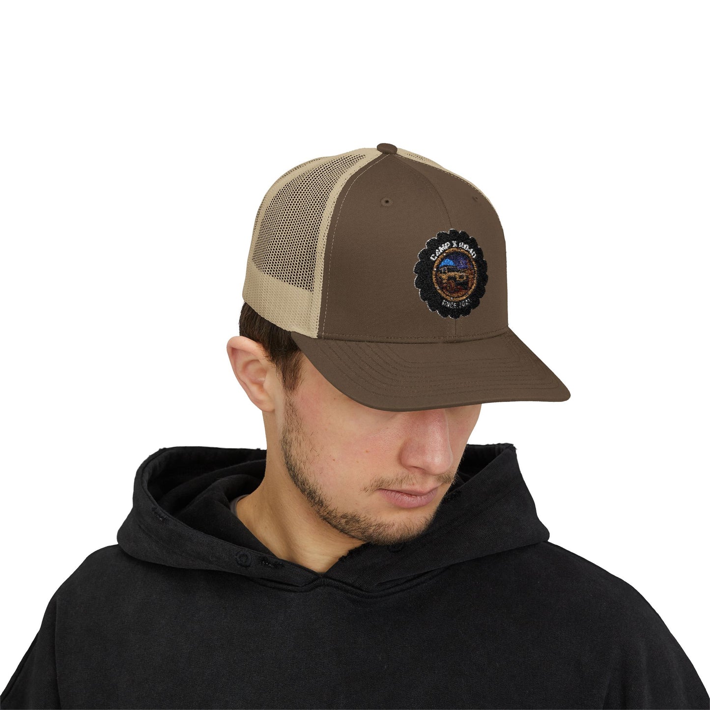 C4MPXRO4D Camper Badge Cap | Trucker Snapback Mesh Hat