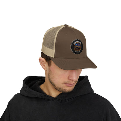 C4MPXRO4D Camper Badge Cap | Trucker Snapback Mesh Hat