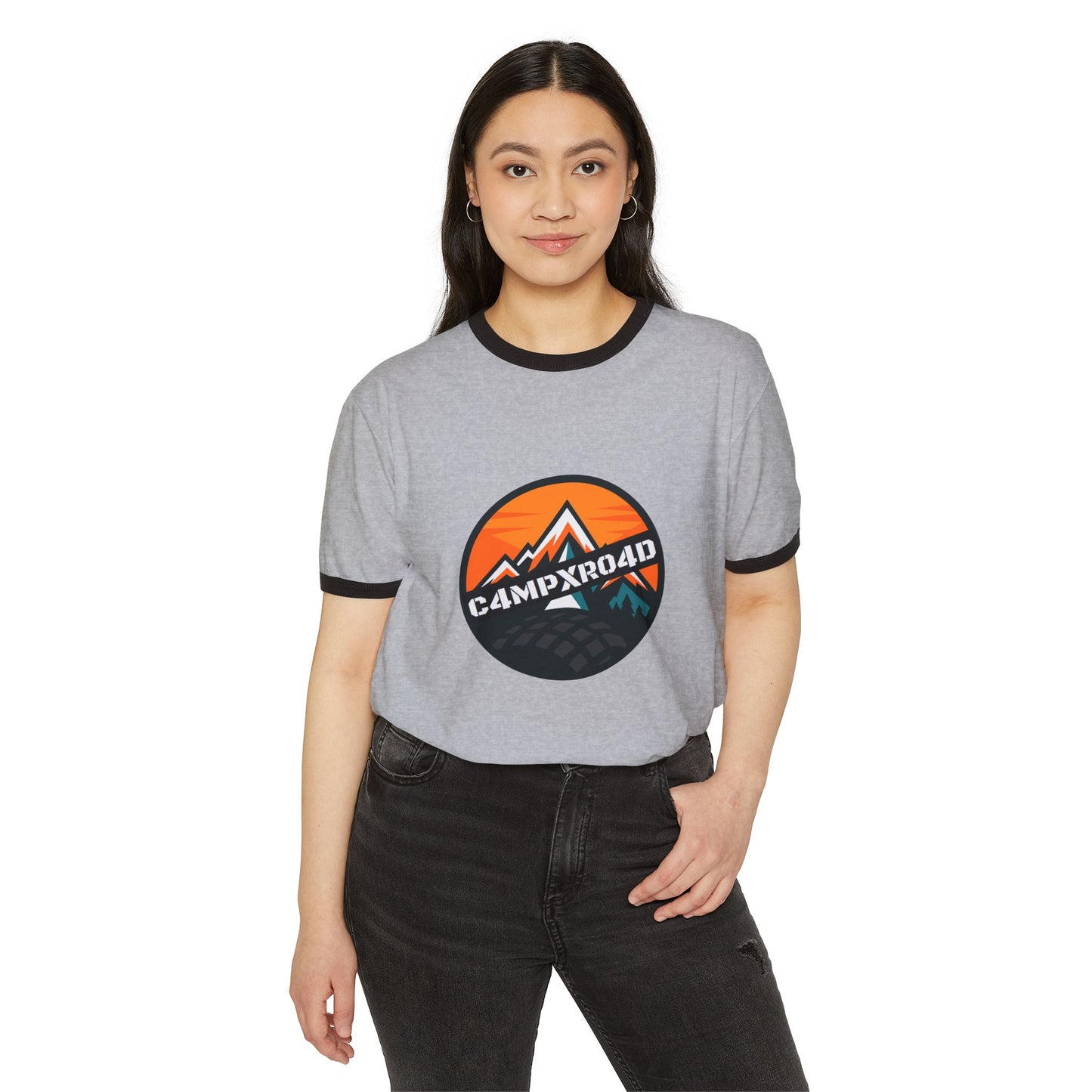 C4MPXRO4D Rounded Shield Camper Badge T-Shirt | ringer style