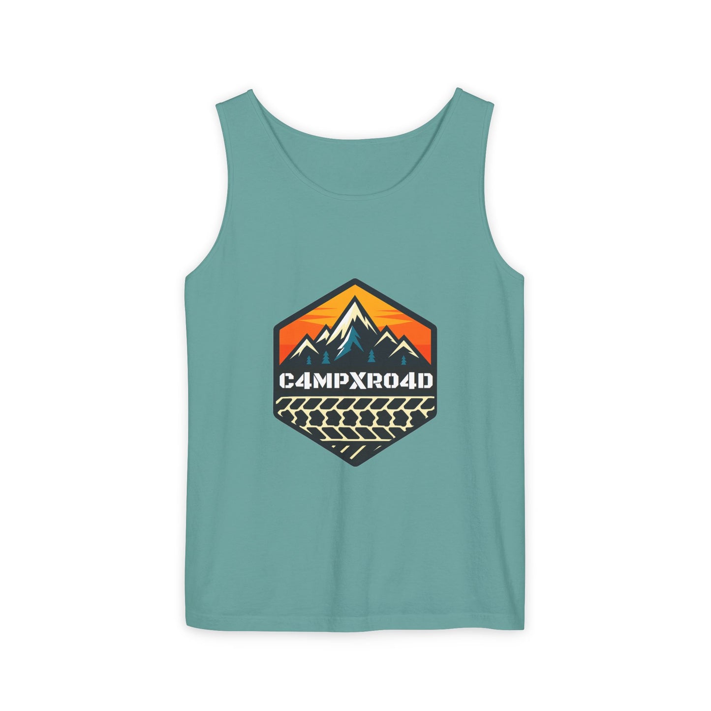 C4MPXRO4D Hexa Shield Camper Badge Tank Top | Graphic camping text tee