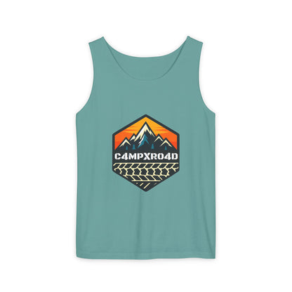 C4MPXRO4D Hexa Shield Camper Badge Tank Top | Graphic camping text tee