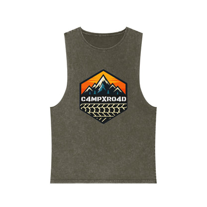 C4MPXRO4D Hexa Shield Camper Badge Tank Top | stonewash black, retro stencil logo