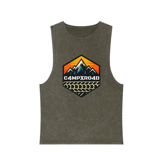C4MPXRO4D Hexa Shield Camper Badge Tank Top | stonewash black, retro stencil logo