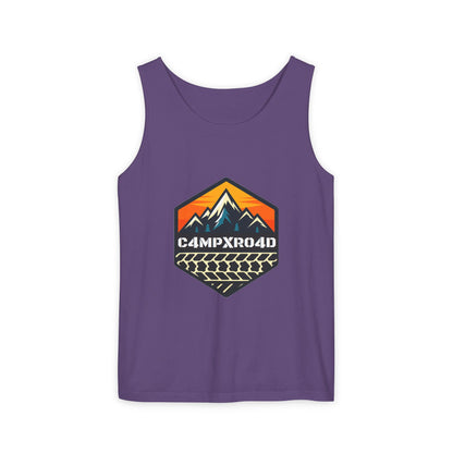 C4MPXRO4D Hexa Shield Camper Badge Tank Top | Graphic camping text tee
