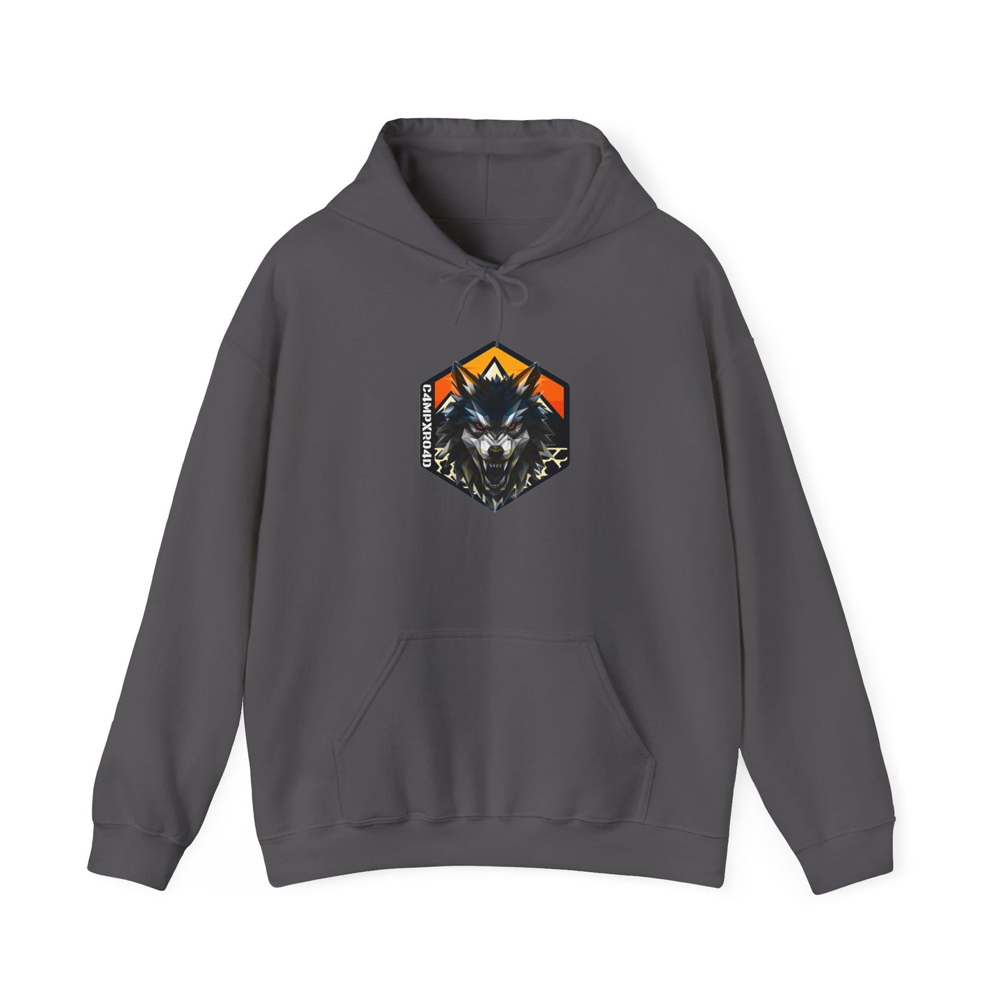 C4MPXRO4D Wolf Shield Camper Badge Hoodie | Black streetwear graphic sweatshirt