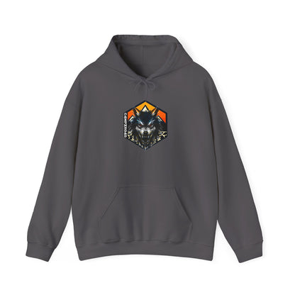 C4MPXRO4D Wolf Shield Camper Badge Hoodie | Black streetwear graphic sweatshirt