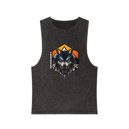 C4MPXRO4D Wolf Shield Camper Badge Tank Top | stonewash black, retro stencil logo