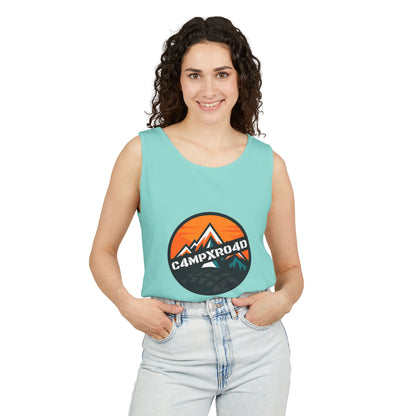 C4MPXRO4D Rounded Shield Camper Badge Tank Top | Graphic camping text tee
