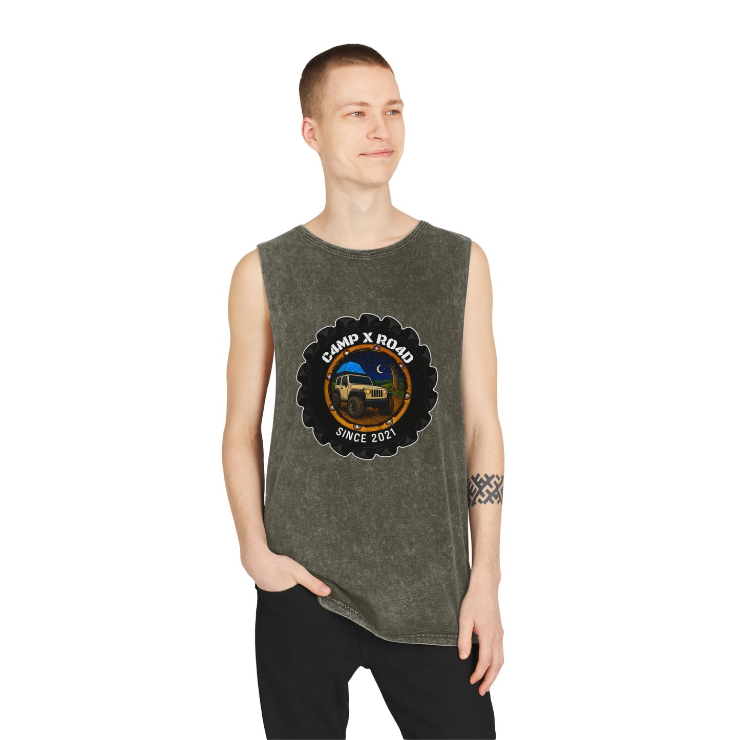 C4MPXRO4D Camper Badge Tank Top | stonewash black, retro stencil logo