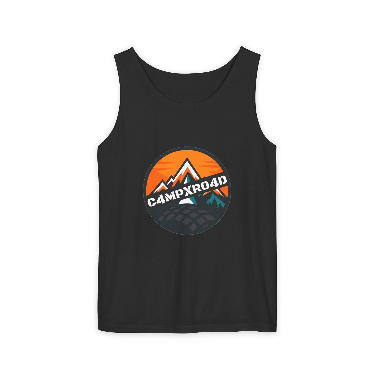 C4MPXRO4D Rounded Shield Camper Badge Tank Top | Graphic camping text tee