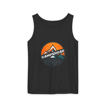C4MPXRO4D Rounded Shield Camper Badge Tank Top | Graphic camping text tee
